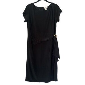 CATO Black Stretchy Short Sleeve Lined Dress Career Gold Buckle Tie size Medium